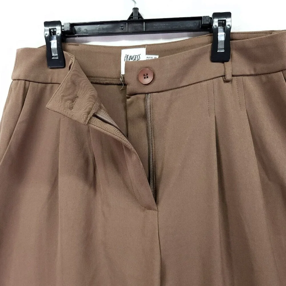 Princess Polly Pleated High Rise Wide Leg Dress Pants Size 8 Brown Trouser